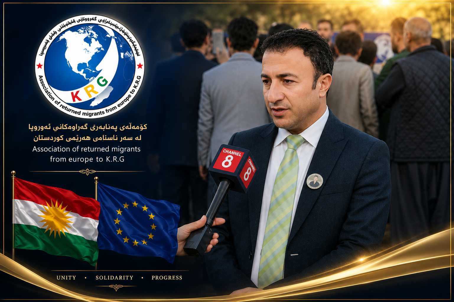 Association representative giving a broadcast media interview beside Kurdistan and EU flags
