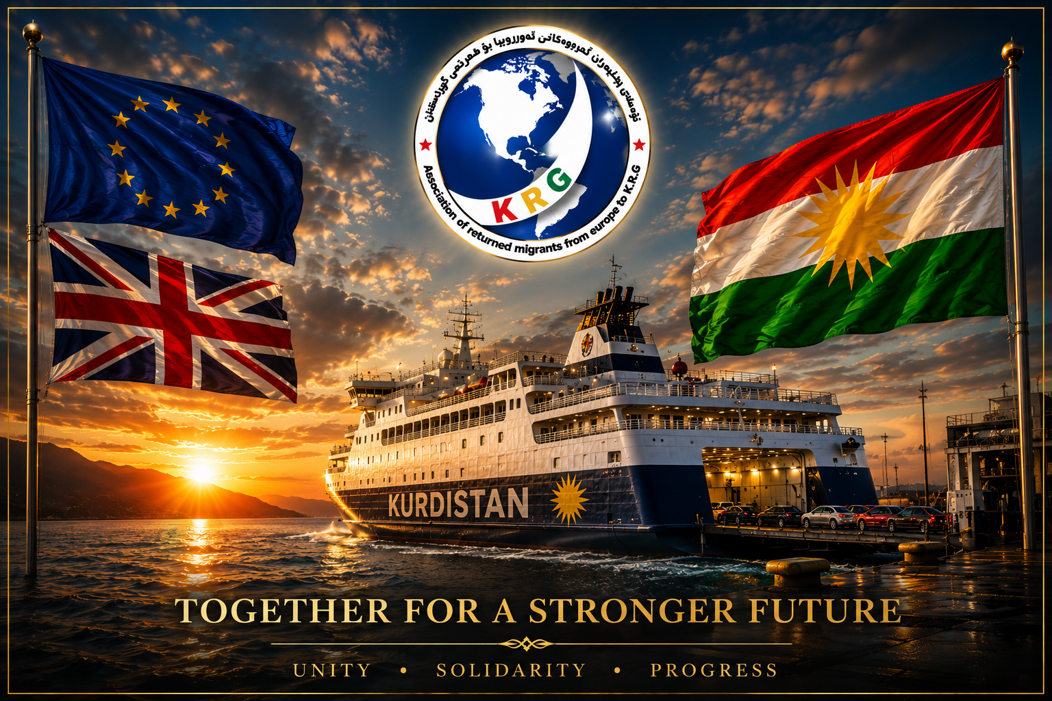 Kurdistan ferry with European Union and United Kingdom flags at sunset — Together for a stronger future