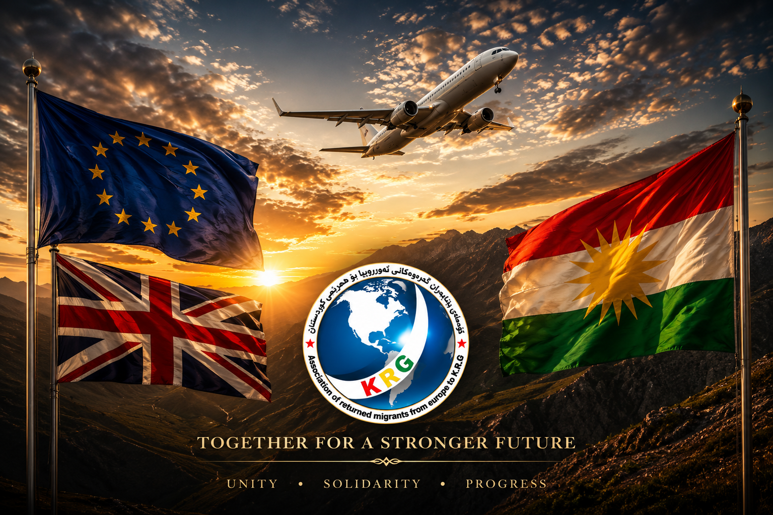 European Union, United Kingdom and Kurdistan flags at sunset with an airliner returning to the Kurdistan Region